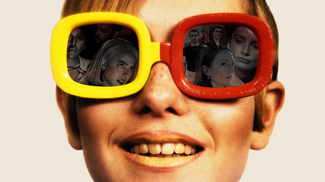 An image of a woman wearing sunglasses that reflect images from new movies