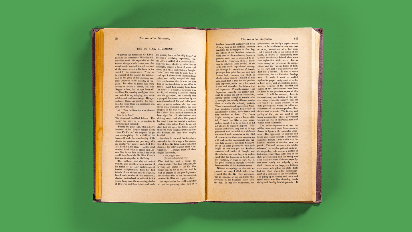 photo of bound volume of 1901 Atlantic magazines open to an article titled "The Ku Klux Movement" on green background