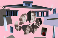 A collage of photos of Bob and Sheryl Guterl and four of their children spread among pieces of a house, set against a pink background