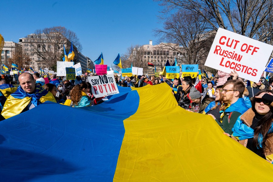 A crowd of protesters holds up signs and a long Ukrainian flag.