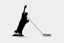 Illustration of people ripping the Statue of Liberty from the ground by pulling at her neck with a rope.