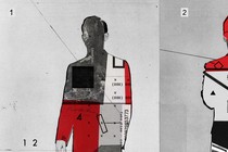 Collage of a silhouette figure filled with photographs of houses and archival paper
