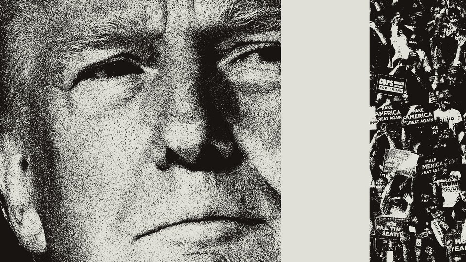 Black-and-white close-up photo of Donald Trump next to a photo of a crowd of his supporters carrying signs