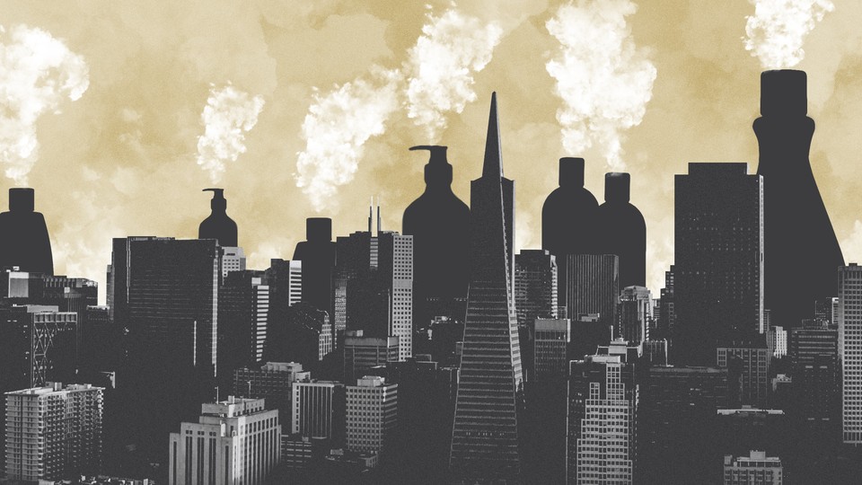 An illustration of a city skyline with giant bottles of lotion, perfume, and acetone emitting columns of smoke