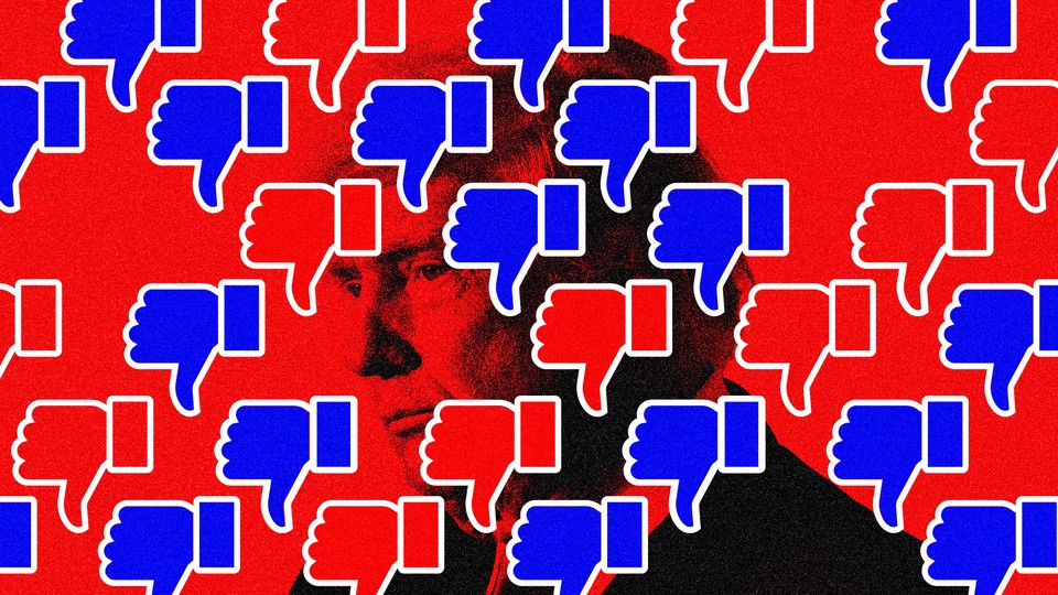 Red and blue thumbs-down emoji over a background image of Trump