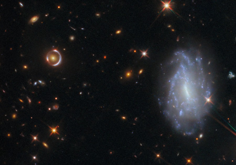 Many distant galaxies, one relatively closer spiral galaxy, and a ring-like magnified galaxy.