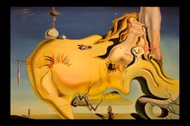 A painting by Salvador Dali of a shapeless woman floating below the nude legs of a man.