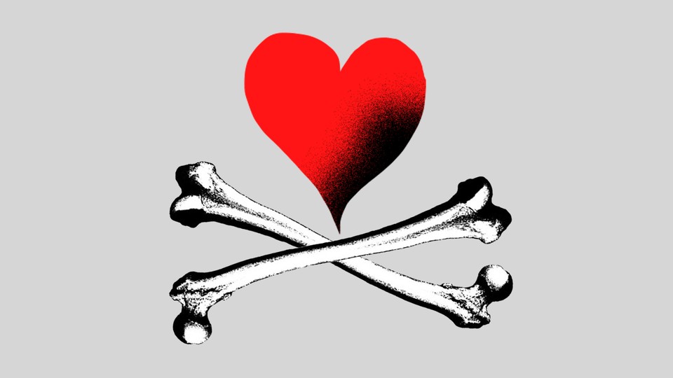 An illustration of a red heart over crossed bones.