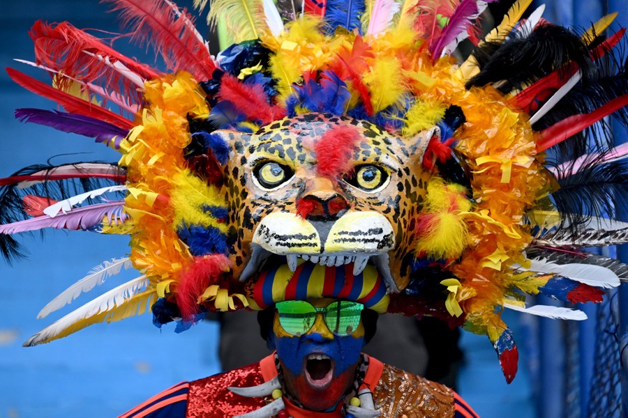 A soccer fan cheers while wearing a huge, colorful feathered hat shaped like a big cat's head.