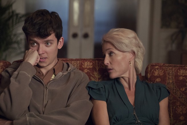 Asa Butterfield (Otis) and Gillian Anderson (Jean) in Netflix's Sex Education 