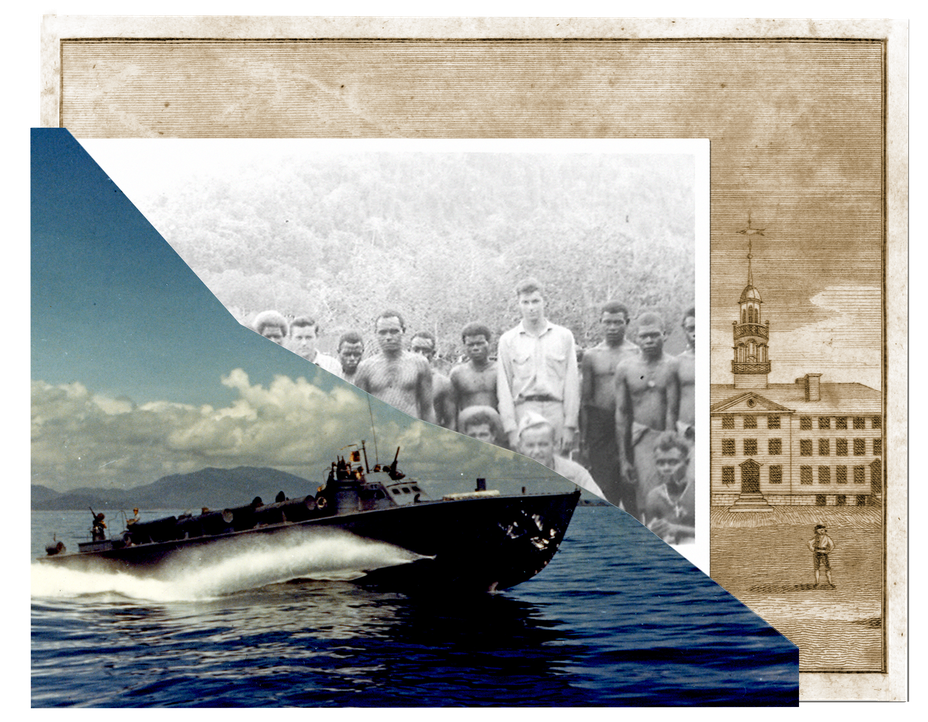 collaged photo-illustration of color photo of a PT boat speeding through water with island and blue sky behind; black-and-white group photo of island residents with young man in military uniform; sepia-toned illustration of college buildings