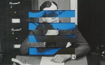 Black-and-white photo of a man in a suit, sitting at a desk, layered with a blue-gradient collage of a pair of feet resting on a desk.