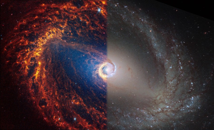 A combination of two halves of different images of the same spiral galaxy