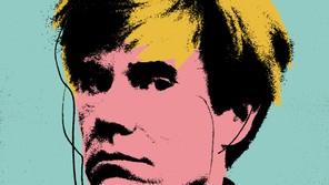 An illustration of Andy Warhol holding a camera with a copyright symbol in place of the lens