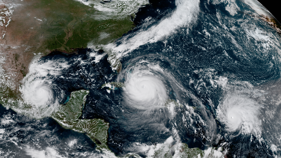 A satellite images in which Hurricanes Irma, Jose, and Katia are visible