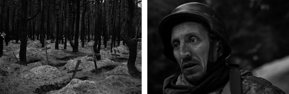 2 black-and-white photos: dozens of mounds of earth with wooden crosses between trees in forest; soldier in hat and gear looking to side