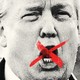 Black-and-white illustration showing Trump speaking, with a red X drawn across his mouth