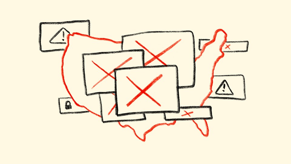 A computer screen with popups that have X's and exclamation points on them