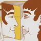 Muted illustration of a stylized profile of a person looking into a slightly open book, with a face reflected back.