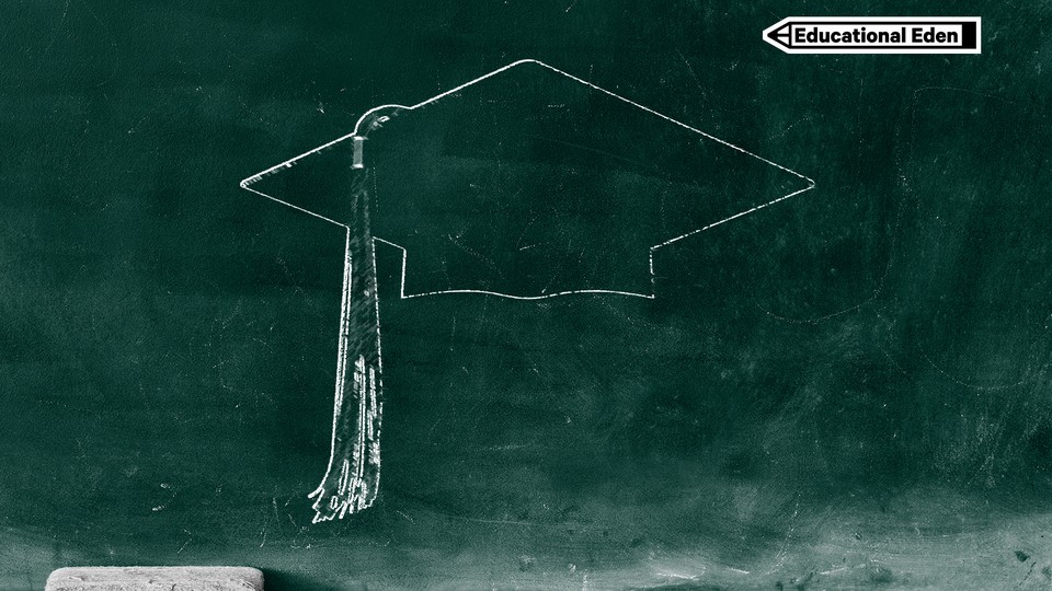 A green chalkboard with a sketched outline of a graduation cap and tassel. Pieces of chalk and an eraser are on the ledge of the chalkboard.