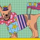 A dog dressed in flag regalia with smiley faces on it
