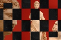 A red-and-black chess-style grid over images of female sculptures