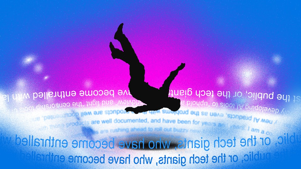 Illustration of a person falling into a swirl of text