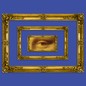 The Mona Lisa's eye peering out from a concentric series of gold frames, on a solid blue background.