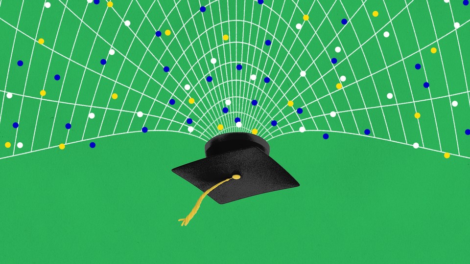 An upside-down graduation cap with a lattice-like web coming out of it against a green background