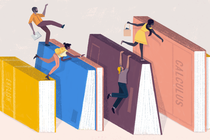 An illustration of students climbing on large textbooks. 
