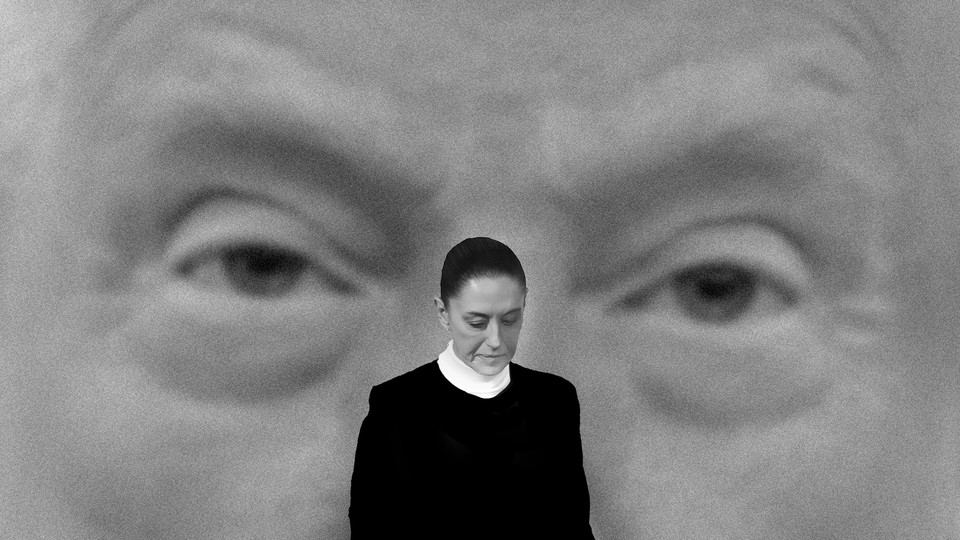 A black-and-white photo-illustration of Claudia Sheinbaum looking downward, with a looming image of Donald Trump behind her