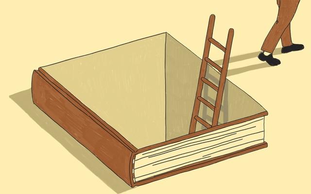 A brown, black, and white illustration of a person walking out of a hole shaped like a book via a ladder.