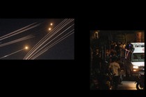 Collage of pictures of airstrikes and a crowded street with an ambulance