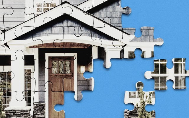 a puzzle of a house has some missing pieces