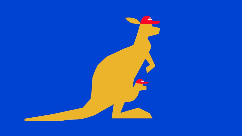 An illustration of a kangaroo wearing a MAGA hat, carrying a joey wearing a MAGA hat