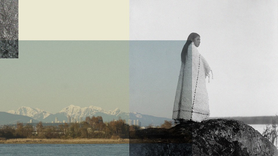 Collage with a black-and-white photo of a Cowichan woman in a blanket standing on a rock and a landscape photo of a mountain range