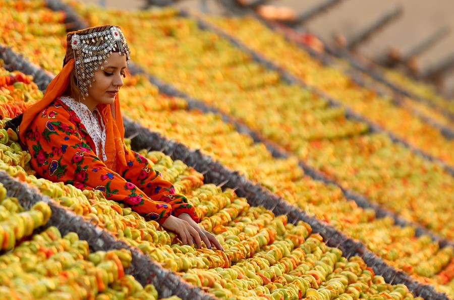 A person wearing traditional clothing poses among rows of vegetables strung out to dry.