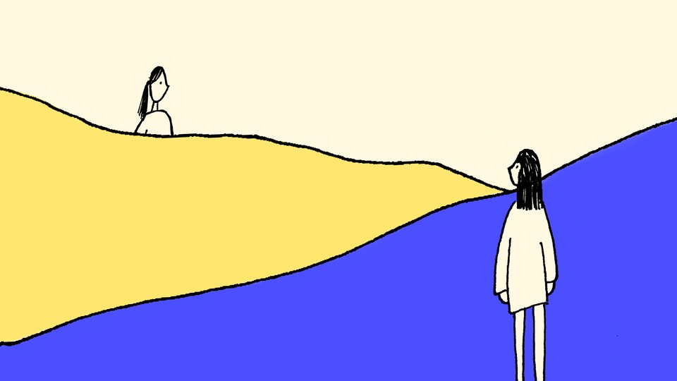Illustration of two women looking at each other across blue and yellow hills