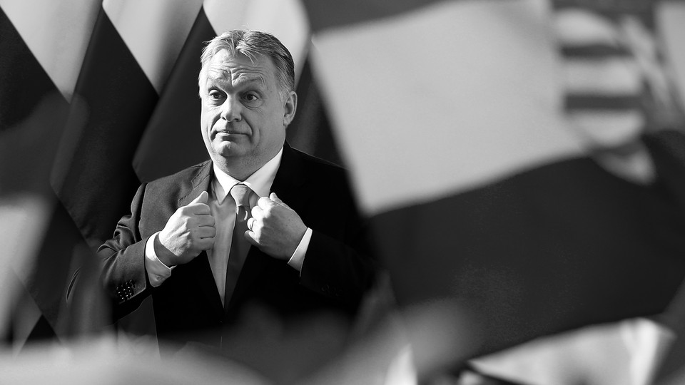 Viktor Orbán, the prime minister of Hungary, in black and white