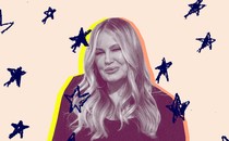 Photo illustration of Jennifer Coolidge surrounded by drawings of navy-blue stars