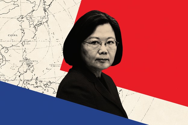 Illustration with photo of woman in glasses over map of East Asia, large red and blue geometric shapes