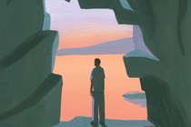 Painted illustration of man seen from behind in a jagged cave opening, silhouetted against a pink sky and landscape beyond.