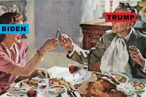 An illustration of a couple pulling at a wishbone, with "Trump" and "Biden" labels over their eyes