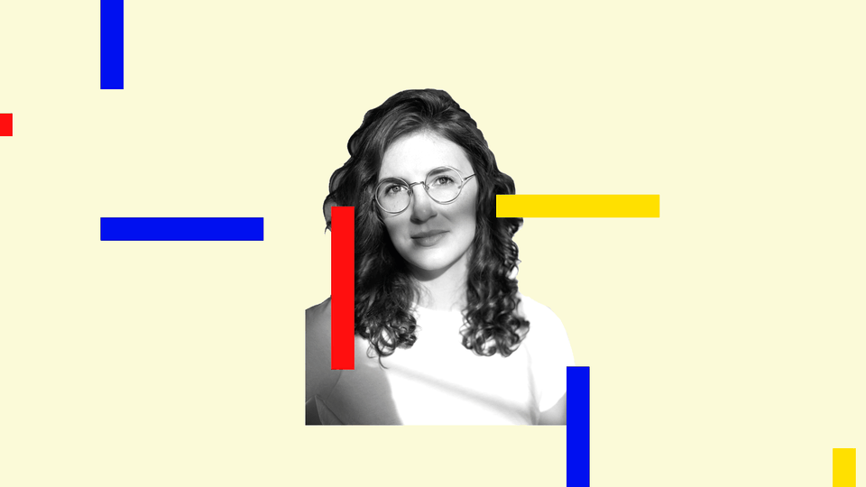 A portrait of Lauren Oyler with colored blocks