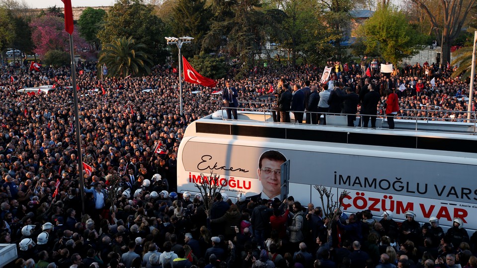 Newly elected Istanbul Mayor Ekrem Imamoğlu addresses supporters after taking office on April 17, 2019.