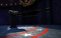 An empty TV stage for a presidential debate.