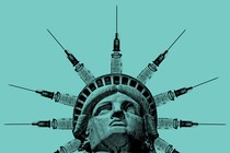 The Statue of Liberty, her crown's spikes replaced with syringes