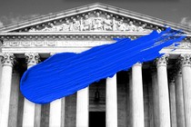 The Supreme Court building in black and white, slashed with blue paint