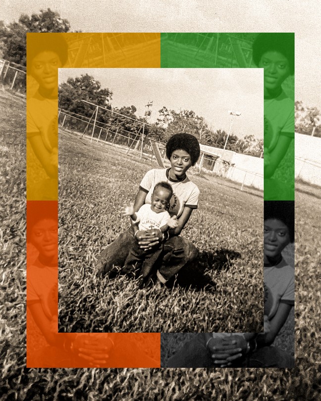 Photo illustration featuring a mother holding a baby at a public park