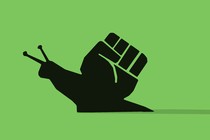 A silhouette of a snail crawling along with a raised fist in place of its shell